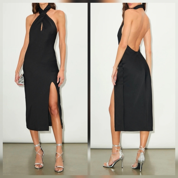 Lulus Dresses & Skirts - Lulus Beyond Classy Black Satin Backless Keyhole Halter Midi Dress